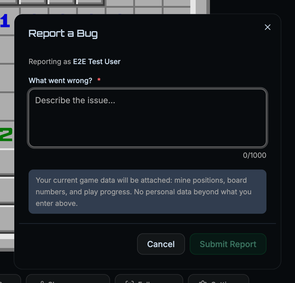Bug report dialog with a description field and optional guest name and email fields
