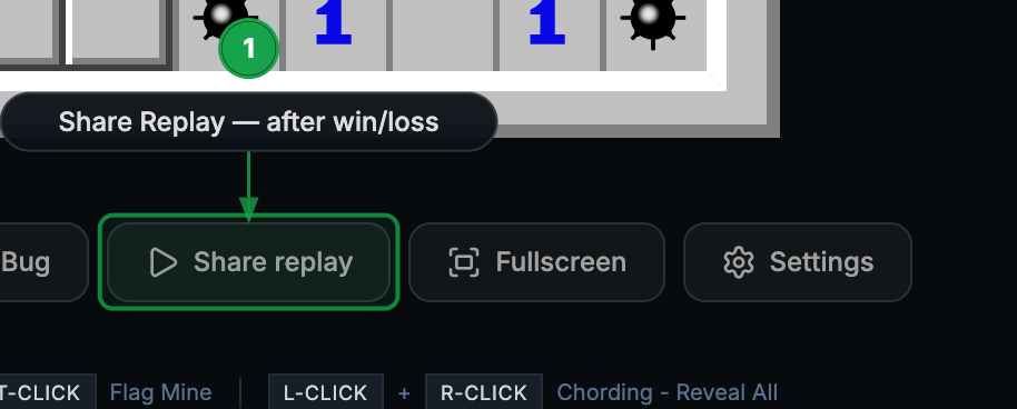 Toolbar after game over showing the Share Replay button highlighted