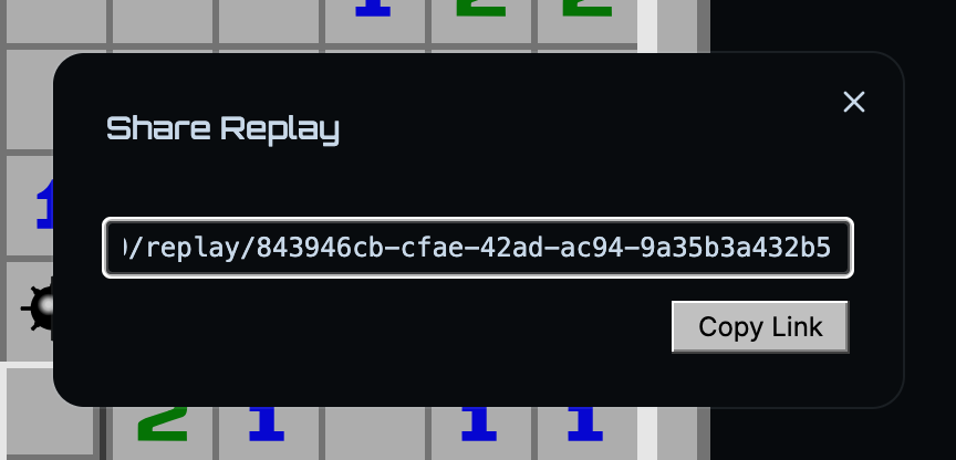 Share Replay dialog with a replay URL and Copy Link button